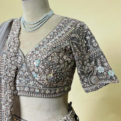 Exquisite Grey Embroidered Designer Lehenga with Handwork Blouse and Net Dupatta