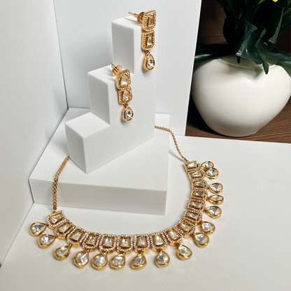 New Gold Plated White Stones Studded Necklace and Earrings Set