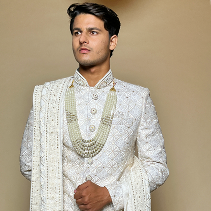 New Ivory Silk Embroidered Chikankari Floral Sherwani Set