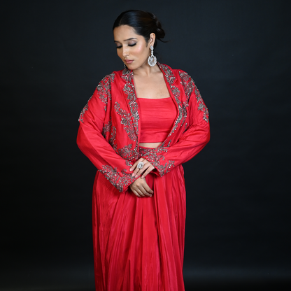 Red Indo Western Skirt Set With Cut Dana Work And Embroidered Cape