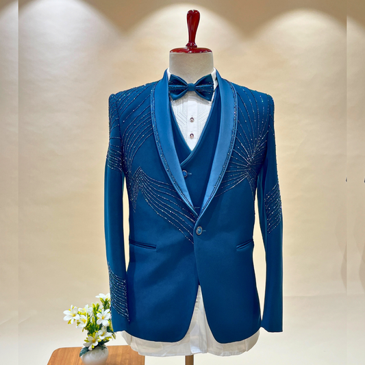 Stunning Hunter Green Stone Embroidered Tuxedo Suit