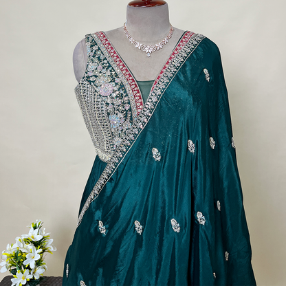 New Green Embroidered Georgette Blend Gown With Handwork