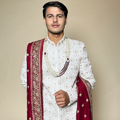 White Raw Silk Embroidered Thread Work Designer Sherwani Set