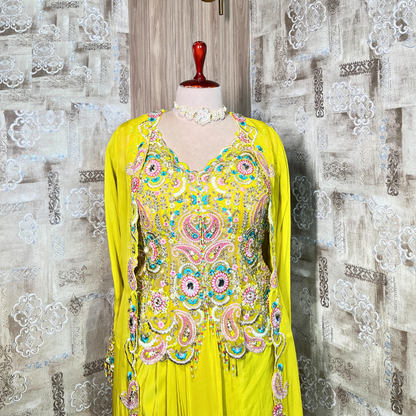 Floral Design Sharara Suit Set with Shrug Greenish Yellow Colour.