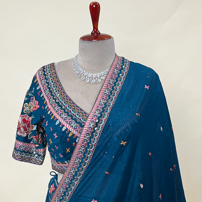 Floral Teal Blue Embroidered Designer Lehenga with V shape Blouse