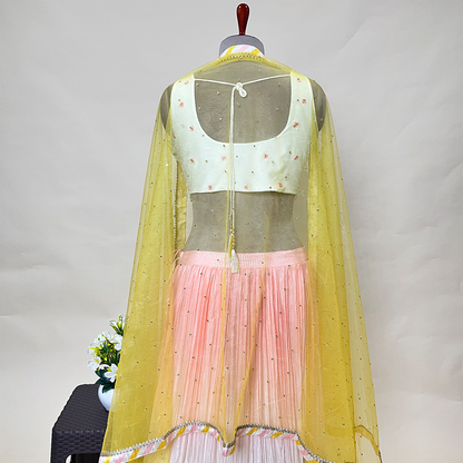 New Pink & Yellow Ombre Shimmer Chiffon Designer Lehenga Set