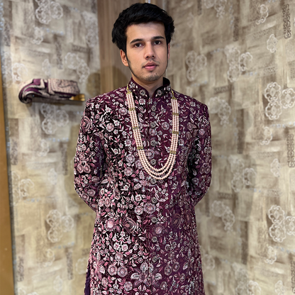 New Wine Micro Velvet Handwork Embroidered Sherwani Set