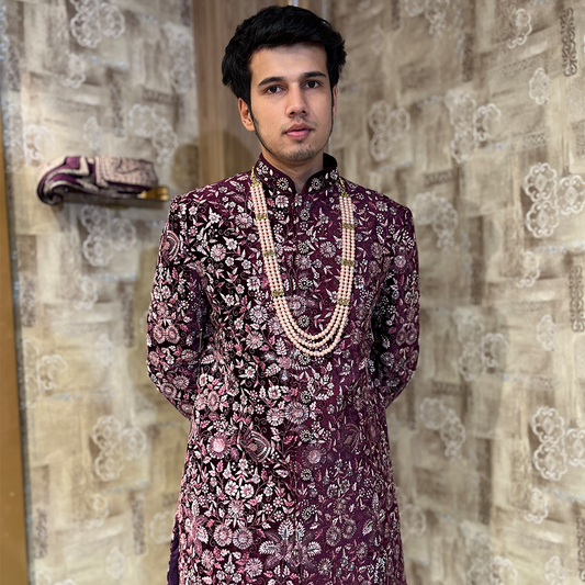 New Wine Micro Velvet Handwork Embroidered Sherwani Set