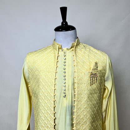 New Lemon Men Party Wear Kurta Set with Embellished Nehru Jacket