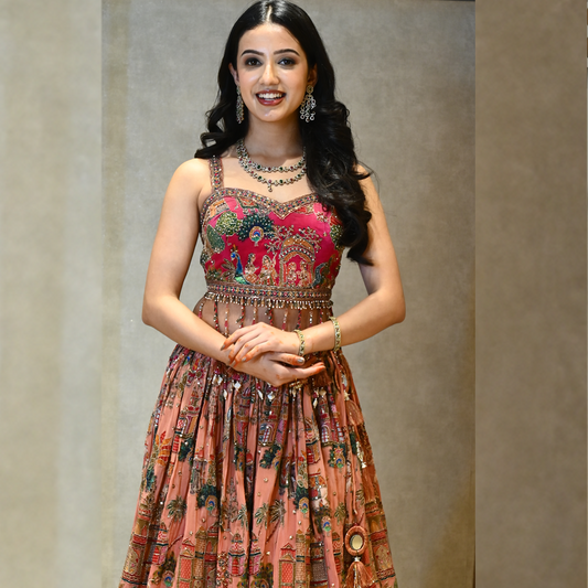 Pink Printed Designer Lehenga with Embroidered Strap Sleeve Blouse