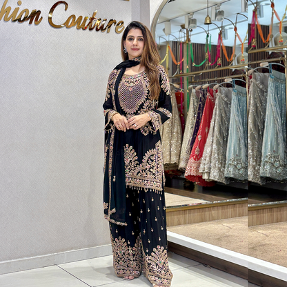 Black Designer Sharara Suit with Intricate Multicolor Embroidery and Dupatta
