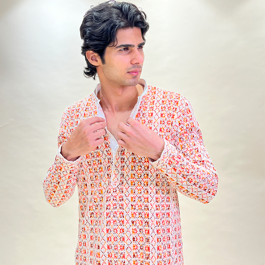 Men Pink Ethnic Chikankari Designer Kurta With Patiala set