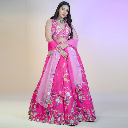 New Pink Lehenga Choli in Silk Embellished with Heavy Embroidery Lehenga