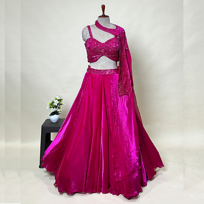 New Hot Pink Lehenga with Heavy Hand Embroidery Paired with Georgette Blouse