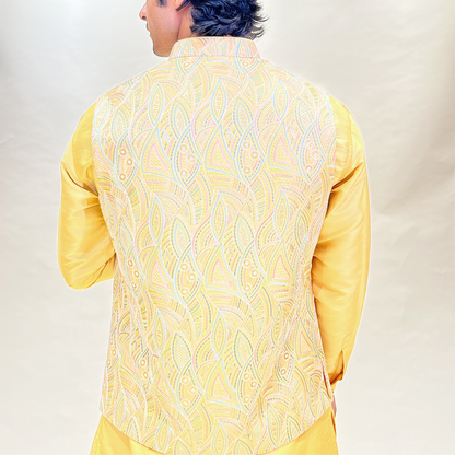 Silk Light Yellow Traditional Wear Readymade Kurta Pajama With Nehru jacket