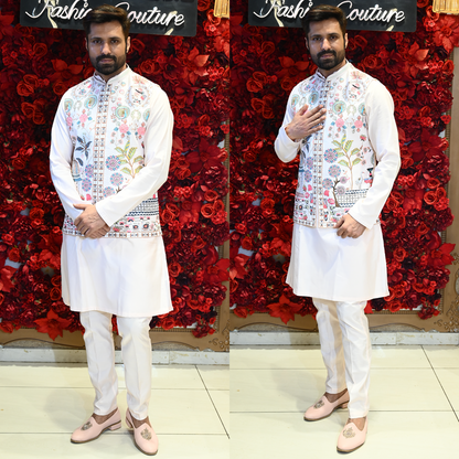 Men Floral Embroidered Regular Sequinned Kurta with Trousers & With Koti