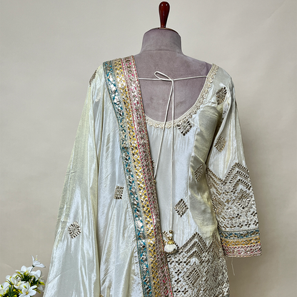 New Cream Brocade Sharara Suit Set With Sequins Dupatta