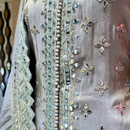 Sangam Silver Organza Mirror Work Sharara Suit