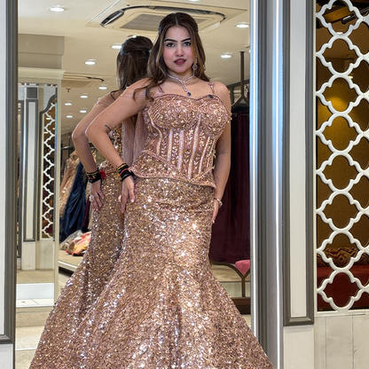 Champagne Beige Heavy Sequins and Beads Embroidered Design Lehenga