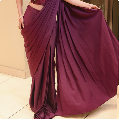 Premium Wine Satin Saree with Hand Embroidered Blouse for Special Occasions