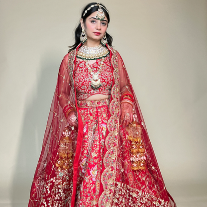 Red Pure Handloom Embroidery Dabka Dori Flower Jaal Bridal Lehenga Set