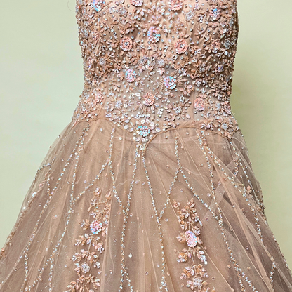 Designer Function Wear Peach Colour Net Fabric Hand Embroidered Gown