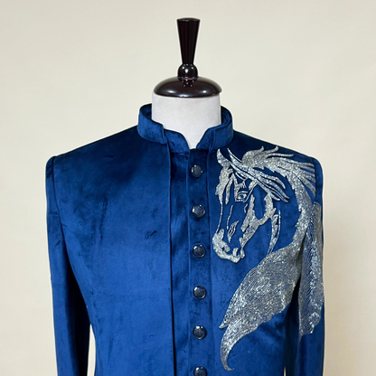 New Navy Blue Indo western Cutdana Horse Design Embroidered Pattern