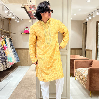 New Honey Yellow Embroidered Bling Mirror Work Kurta Set