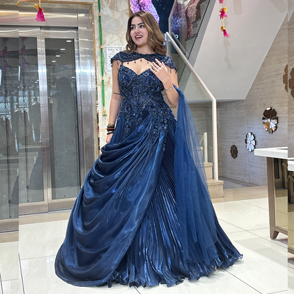 Navy Blue Sequin Embellished Designer Gown with Draped Skirt and Sheer Dupatta