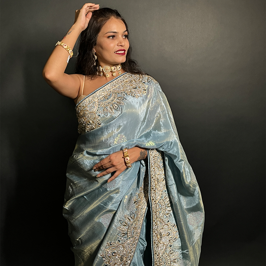 Ethnic Motifs Blue Embroidered Sequinned Saree