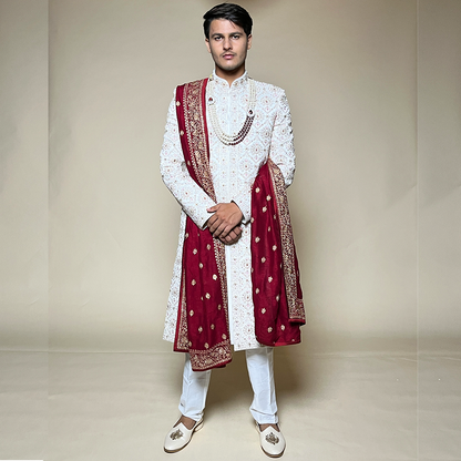 White Raw Silk Embroidered Thread Work Designer Sherwani Set