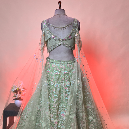 Pastel Green Lehenga Set With Sequins Work Paired Blouse And Dupatta