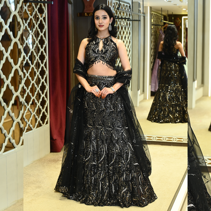 Midnight Glam Fish Cut Lehenga & Designer Blouse Set without Sleeves