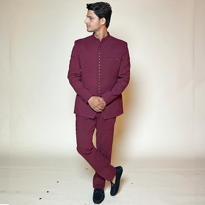 New Jacquard Wine Tone Color Jodhpuri Suit Set