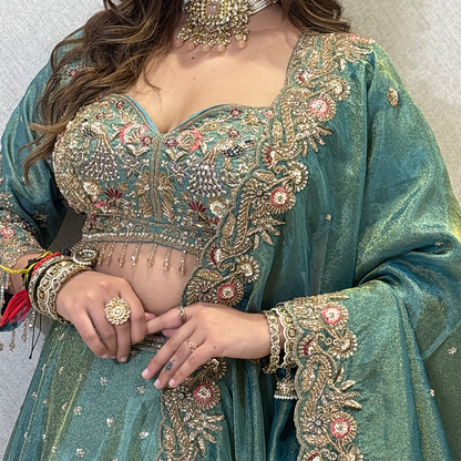 New Green Tissue Silk Designer Lehenga with Heavy Cutdana Heavy Embroidery Work