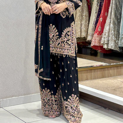 Black Designer Sharara Suit with Intricate Multicolor Embroidery and Dupatta