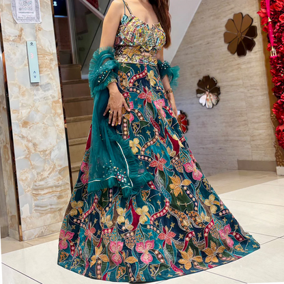 Teal Green Designer Lehenga Choli with Multicolor Floral Embroidery