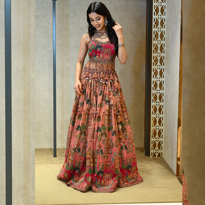 Pink Printed Designer Lehenga with Embroidered Strap Sleeve Blouse
