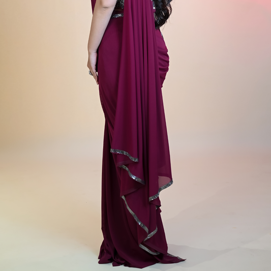 New Purple Georgette Sequins, Beads Solid Pre-draped Saree With Embellished Blouse