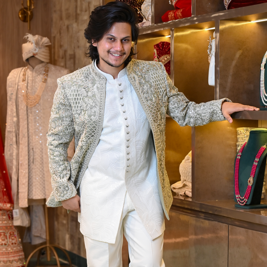 New Pista Green Embroidered Indo-Western for Men