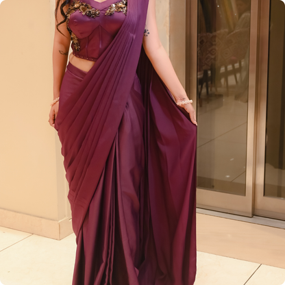 Premium Wine Satin Saree with Hand Embroidered Blouse for Special Occasions