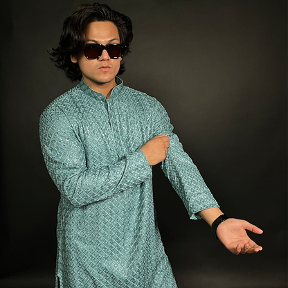 Blue Men's Sequins Embroidered Kurta With Pyjama