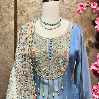 Attractive Blue Suit Set with Contrast Cream Dupatta