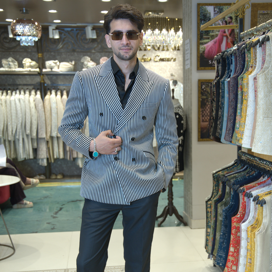 Men's Stripe Suit Designer Double Breasted Buttons Suit Coat
