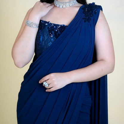 Navy Blue Pre Stitched Draped Saree Gown Set with a Hand Embroidered Set