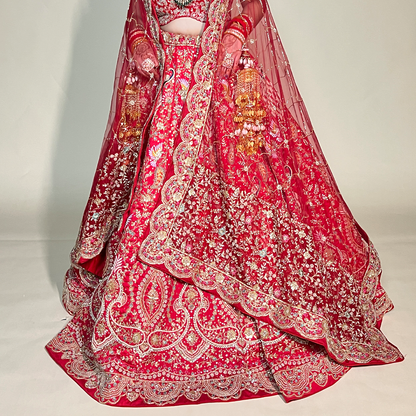 Red Pure Handloom Embroidery Dabka Dori Flower Jaal Bridal Lehenga Set