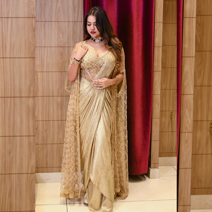Champagne Gold Draped Saree with Embellished Cape Jacket