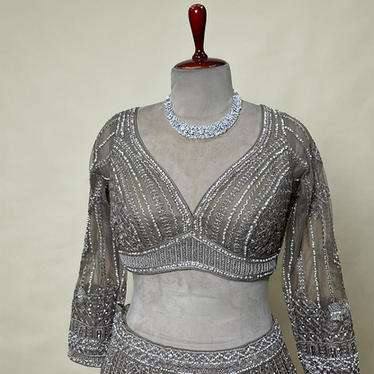 New Wedding Wear Grey Embroidery Work Net Lehenga Choli