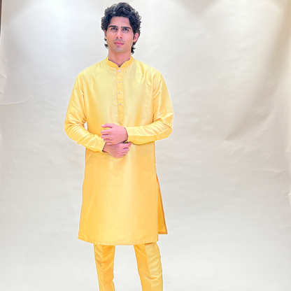 Silk Light Yellow Traditional Wear Readymade Kurta Pajama With Nehru jacket