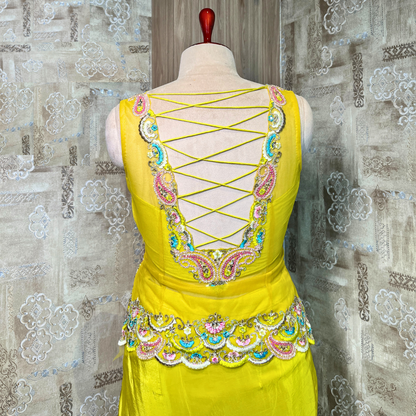 Floral Design Sharara Suit Set with Shrug Greenish Yellow Colour.